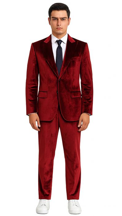 Men’s Velvet Burgundy Suit – Slim Fit 2-Piece Formalwear Set by Tazzio