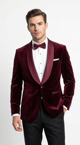 Men’s Burgundy with Burgundy Lapel Velvet Dinner Jacket – Shawl Lapel Tuxedo Blazer for Weddings & Formal Events