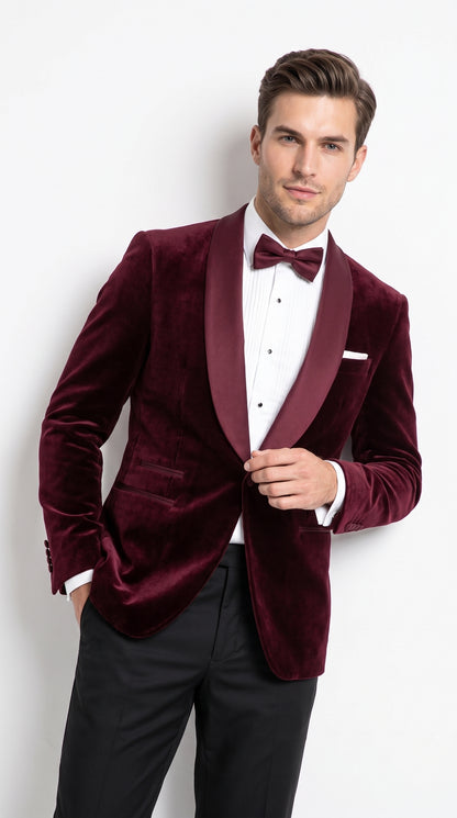 Men’s Burgundy with Burgundy Lapel Velvet Dinner Jacket – Shawl Lapel Tuxedo Blazer for Weddings & Formal Events