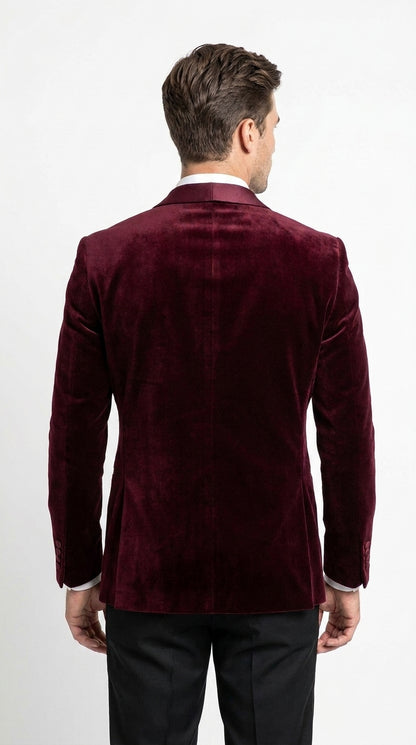 Men’s Burgundy with Burgundy Lapel Velvet Dinner Jacket – Shawl Lapel Tuxedo Blazer for Weddings & Formal Events