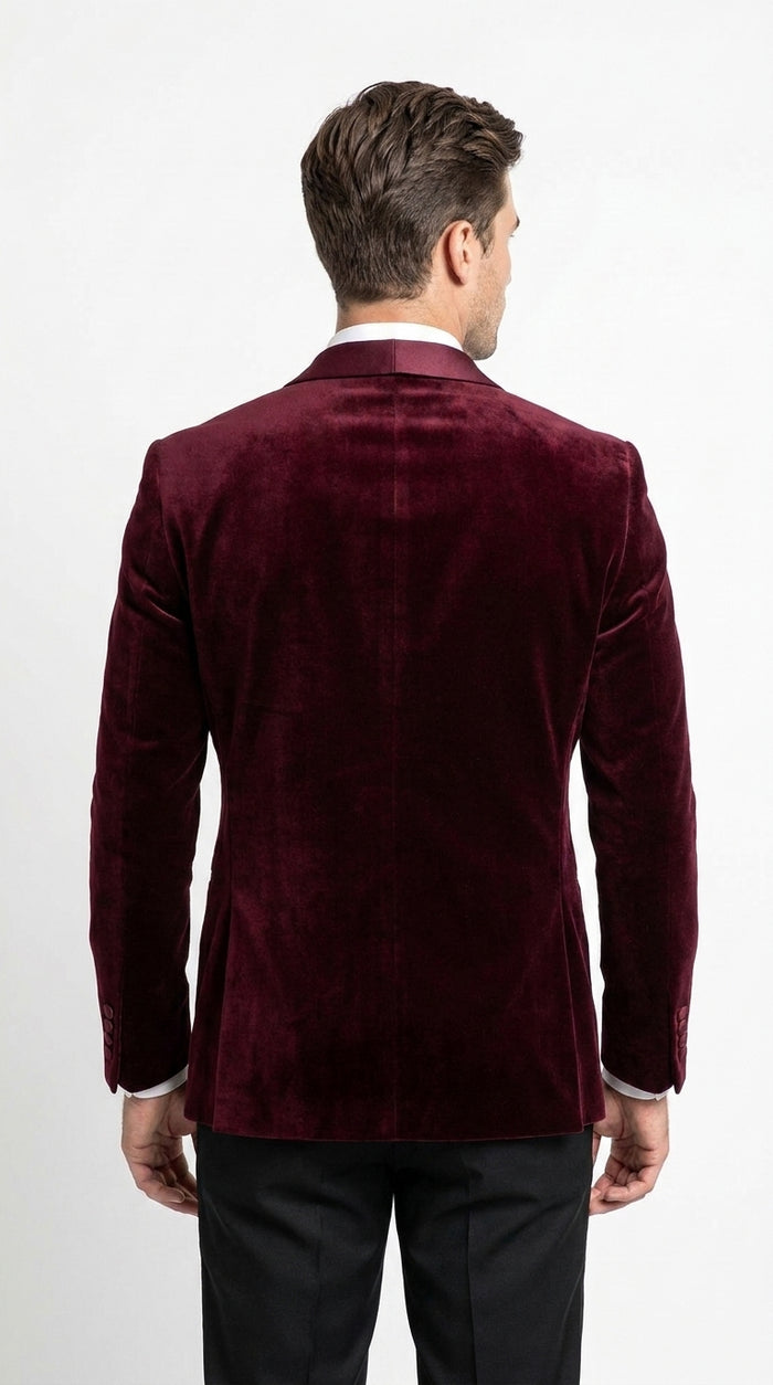 Men’s Burgundy with Burgundy Lapel Velvet Dinner Jacket – Shawl Lapel Tuxedo Blazer for Weddings & Formal Events