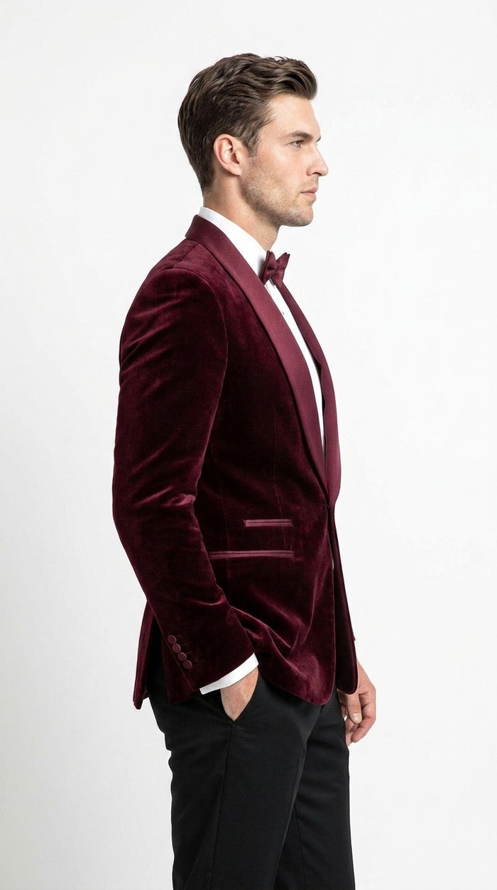Men’s Burgundy with Burgundy Lapel Velvet Dinner Jacket – Shawl Lapel Tuxedo Blazer for Weddings & Formal Events