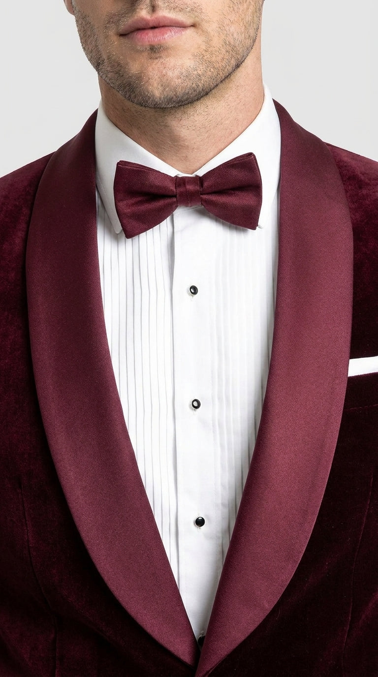 Men’s Burgundy with Burgundy Lapel Velvet Dinner Jacket – Shawl Lapel Tuxedo Blazer for Weddings & Formal Events