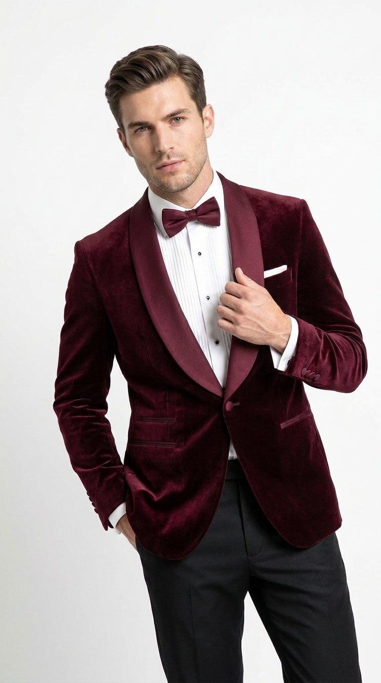 Men’s Burgundy with Burgundy Lapel Velvet Dinner Jacket – Shawl Lapel Tuxedo Blazer for Weddings & Formal Events
