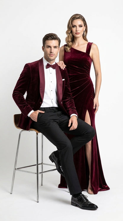 Men’s Burgundy with Burgundy Lapel Velvet Dinner Jacket – Shawl Lapel Tuxedo Blazer for Weddings & Formal Events