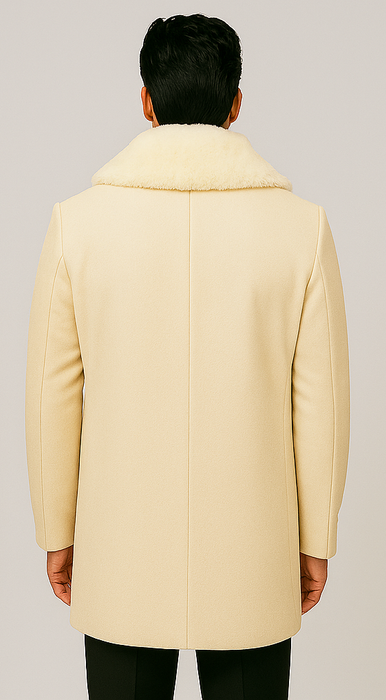 Men’s Cream Double-Breasted Peacoat Overcoat with Faux Fur Shawl Collar – Alberto Nardoni Wool Collection