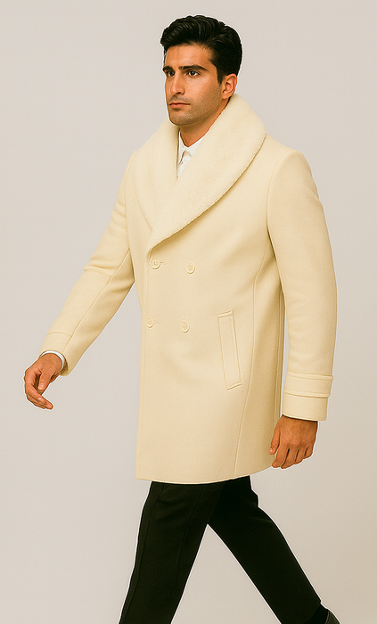 Men’s Cream Double-Breasted Peacoat Overcoat with Faux Fur Shawl Collar – Alberto Nardoni Wool Collection