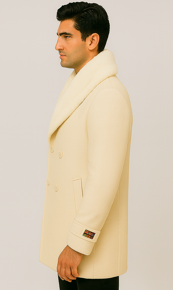 Men’s Cream Double-Breasted Peacoat Overcoat with Faux Fur Shawl Collar – Alberto Nardoni Wool Collection