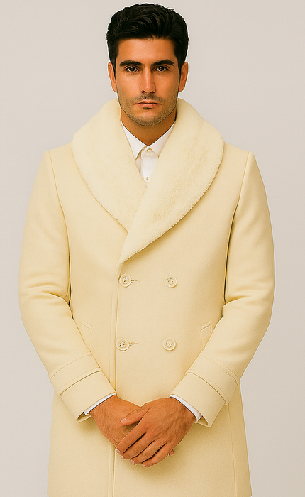 Men’s Cream Double-Breasted Peacoat Overcoat with Faux Fur Shawl Collar – Alberto Nardoni Wool Collection