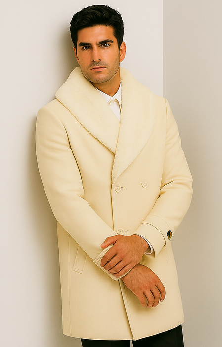 Men’s Cream Double-Breasted Peacoat Overcoat with Faux Fur Shawl Collar – Alberto Nardoni Wool Collection