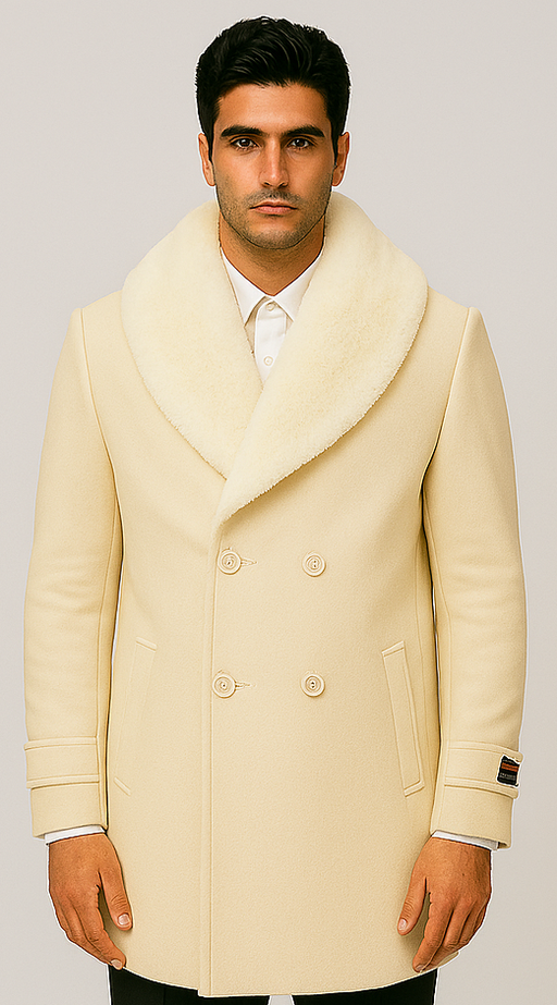 Men’s Cream Double-Breasted Peacoat Overcoat with Faux Fur Shawl Collar – Alberto Nardoni Wool Collection