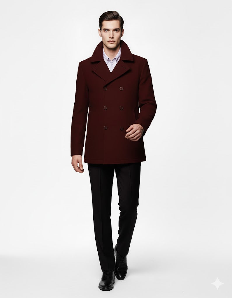 Men'S Designer Men'S Wool Men'S Peacoat Sale Wool Fabric Double Breasted Style Coat For Men Dark Burgundy - Image 3