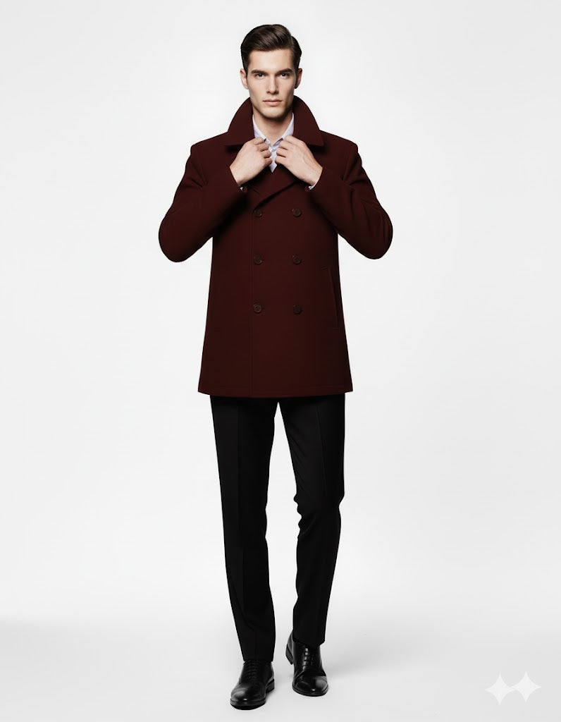 Men'S Designer Men'S Wool Men'S Peacoat Sale Wool Fabric Double Breasted Style Coat For Men Dark Burgundy - Image 7