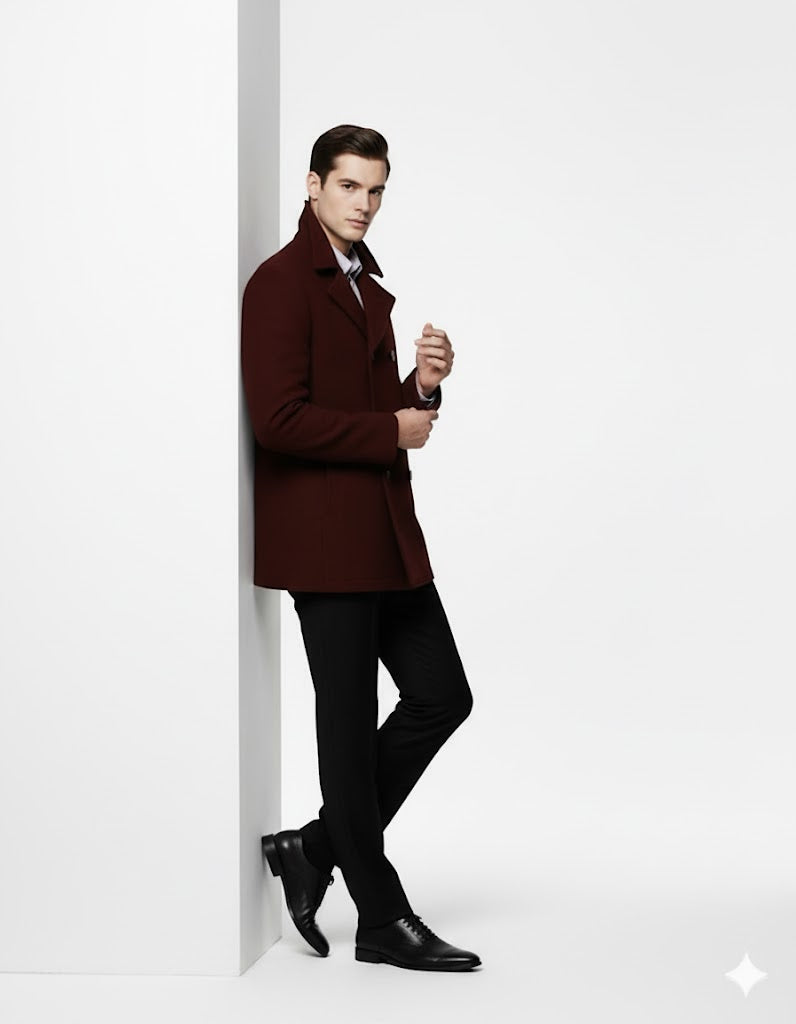 Men'S Designer Men'S Wool Men'S Peacoat Sale Wool Fabric Double Breasted Style Coat For Men Dark Burgundy - Image 6