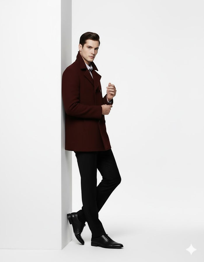 Men'S Designer Men'S Wool Men'S Peacoat Sale Wool Fabric Double Breasted Style Coat For Men Dark Burgundy - Image 6
