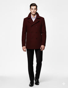Men'S Designer Men'S Wool Men'S Peacoat Sale Wool Fabric Double Breasted Style Coat For Men Dark Burgundy