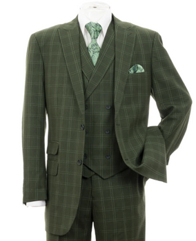 Men’s Green Windowpane Blazer – Two-Button Plaid Sport Coat for Weddings, Business and Modern Fit