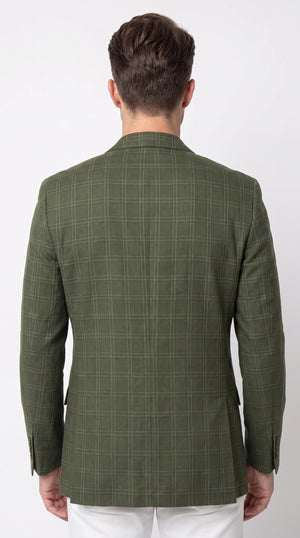Mens Green Windowpane Blazer – Two-Button Plaid Sport Coat for Weddings, Business and Modern Fit