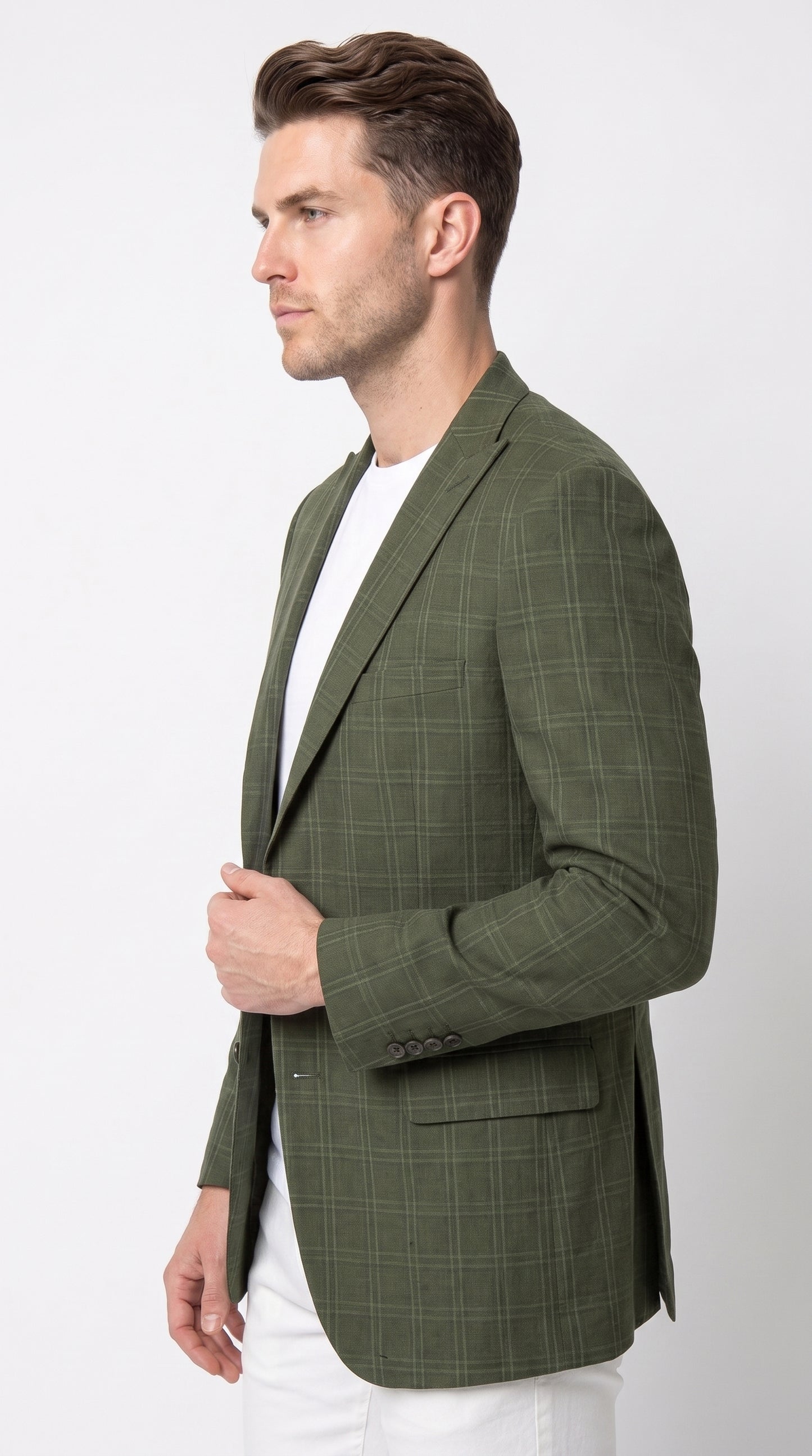 Mens Green Windowpane Blazer – Two-Button Plaid Sport Coat for Weddings, Business and Modern Fit