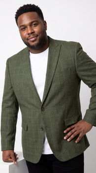 Men’s Green Windowpane Blazer – Two-Button Plaid Sport Coat for Weddings, Business and Modern Fit