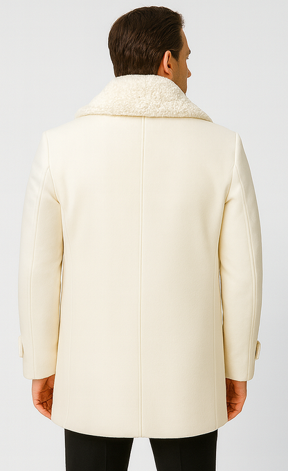 Men’s Ivory Double-Breasted Peacoat Overcoat with Faux Fur Shawl Collar – Alberto Nardoni Wool Collection