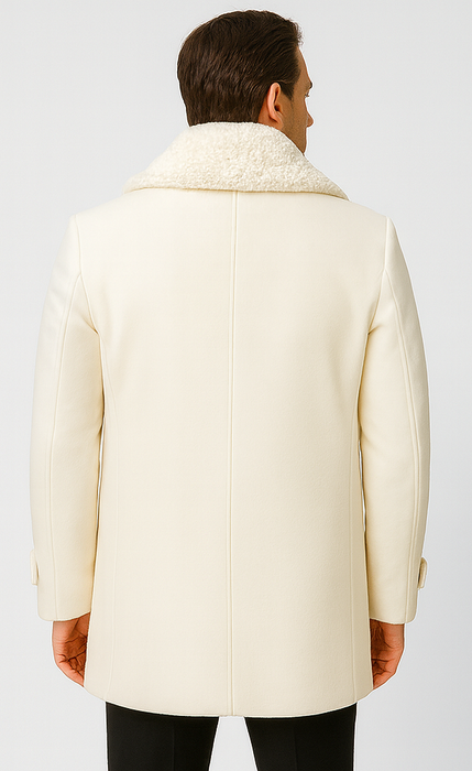 Men’s Ivory Double-Breasted Peacoat Overcoat with Faux Fur Shawl Collar – Alberto Nardoni Wool Collection