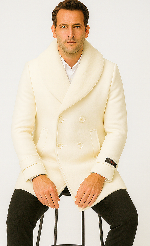 Men’s Ivory Double-Breasted Peacoat Overcoat with Faux Fur Shawl Collar – Alberto Nardoni Wool Collection