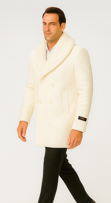 Men’s Ivory Double-Breasted Peacoat Overcoat with Faux Fur Shawl Collar – Alberto Nardoni Wool Collection