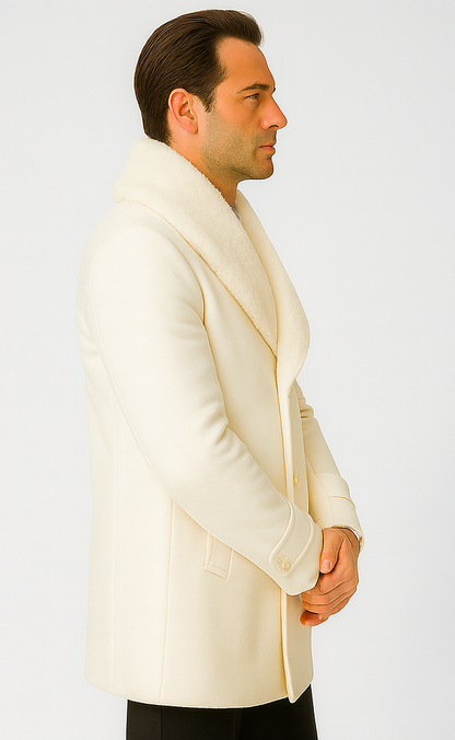 Men’s Ivory Double-Breasted Peacoat Overcoat with Faux Fur Shawl Collar – Alberto Nardoni Wool Collection