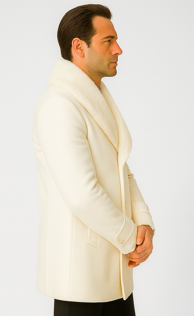 Men’s Ivory Double-Breasted Peacoat Overcoat with Faux Fur Shawl Collar – Alberto Nardoni Wool Collection
