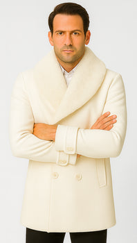 Men’s Ivory Double-Breasted Peacoat Overcoat with Faux Fur Shawl Collar – Alberto Nardoni Wool Collection