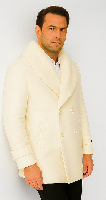Men’s Ivory Double-Breasted Peacoat Overcoat with Faux Fur Shawl Collar – Alberto Nardoni Wool Collection