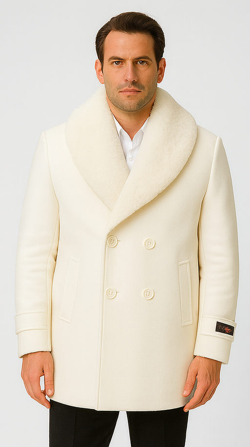 Men’s Ivory Double-Breasted Peacoat Overcoat with Faux Fur Shawl Collar – Alberto Nardoni Wool Collection