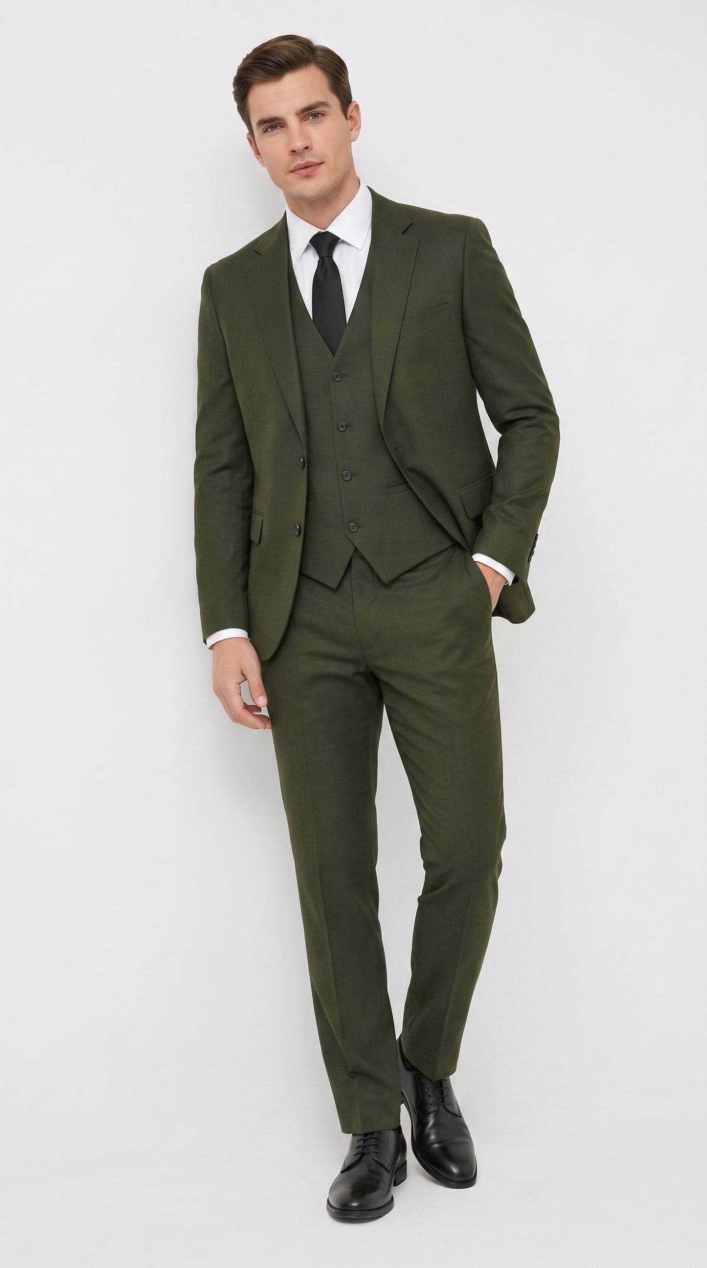 Men’s Military Green 3-Piece Suit – Slim Fit Wedding, Business & Formal Suit with Vested Set