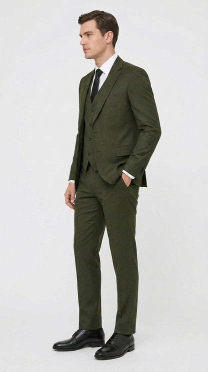 Men’s Military Green 3-Piece Suit – Slim Fit Wedding, Business & Formal Suit with Vested Set