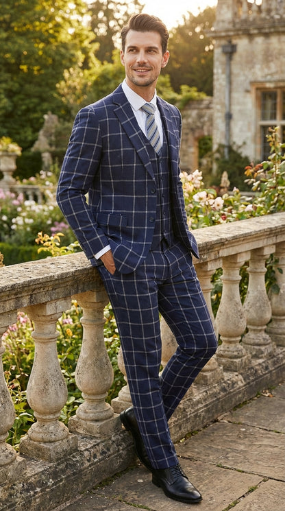Men’s Navy Blue Windowpane Check Three Piece Suit – Modern Plaid Formal Vested Suit Modern Fit