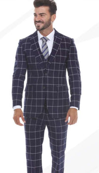 Men’s Navy Blue Windowpane Check Three Piece Suit – Modern Plaid Formal Vested Suit
