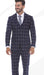Men’s Navy Blue Windowpane Check Three Piece Suit – Modern Plaid Formal Vested Suit