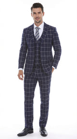 Men’s Navy Blue Windowpane Check Three Piece Suit – Modern Plaid Formal Vested Suit Modern Fit