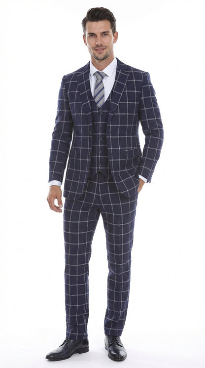 Men’s Navy Blue Windowpane Check Three Piece Suit – Modern Plaid Formal Vested Suit Modern Fit