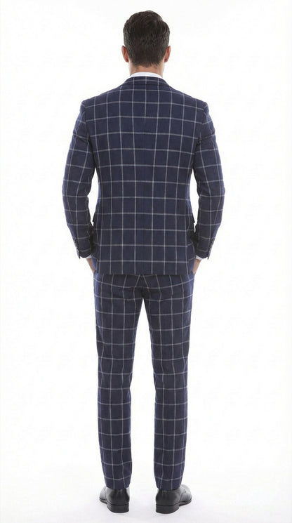 Men’s Navy Blue Windowpane Check Three Piece Suit – Modern Plaid Formal Vested Suit Modern Fit
