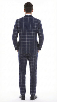 Men’s Navy Blue Windowpane Check Three Piece Suit – Modern Plaid Formal Vested Suit