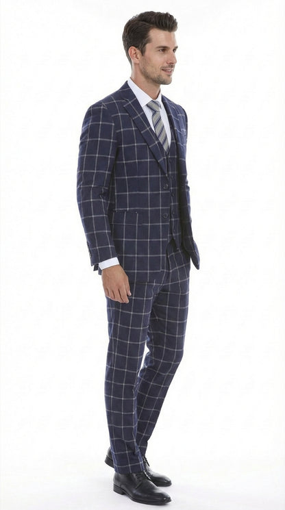 Men’s Navy Blue Windowpane Check Three Piece Suit – Modern Plaid Formal Vested Suit Modern Fit