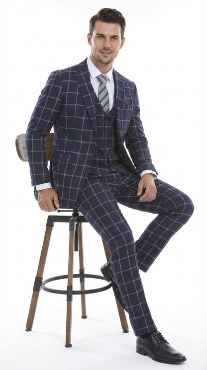 Men’s Navy Blue Windowpane Check Three Piece Suit – Modern Plaid Formal Vested Suit Modern Fit