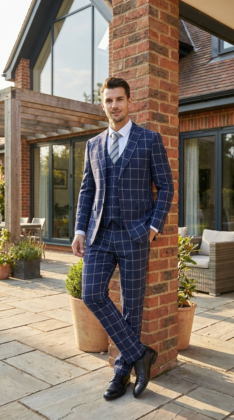 Men’s Navy Blue Windowpane Check Three Piece Suit – Modern Plaid Formal Vested Suit Modern Fit