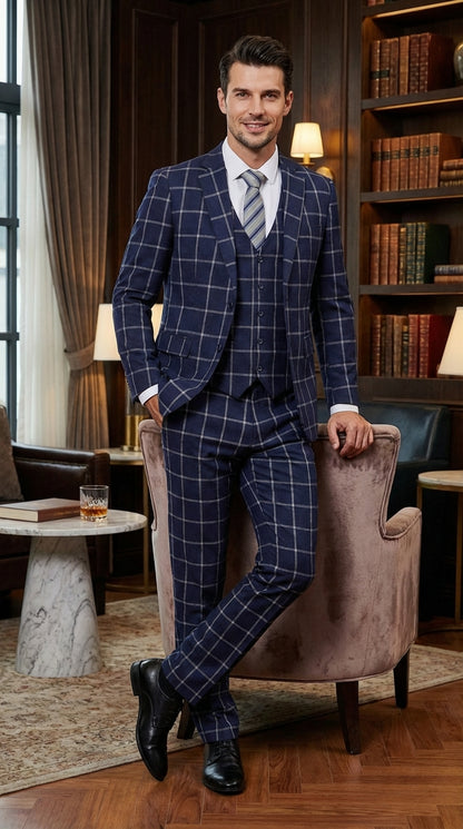 Men’s Navy Blue Windowpane Check Three Piece Suit – Modern Plaid Formal Vested Suit Modern Fit