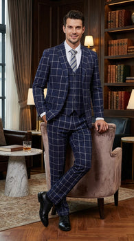 Men’s Navy Blue Windowpane Check Three Piece Suit – Modern Plaid Formal Vested Suit