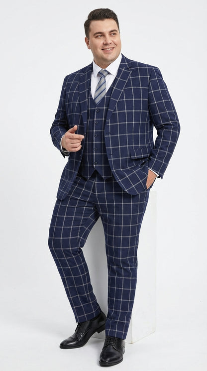 Men’s Navy Blue Windowpane Check Three Piece Suit – Modern Plaid Formal Vested Suit Modern Fit
