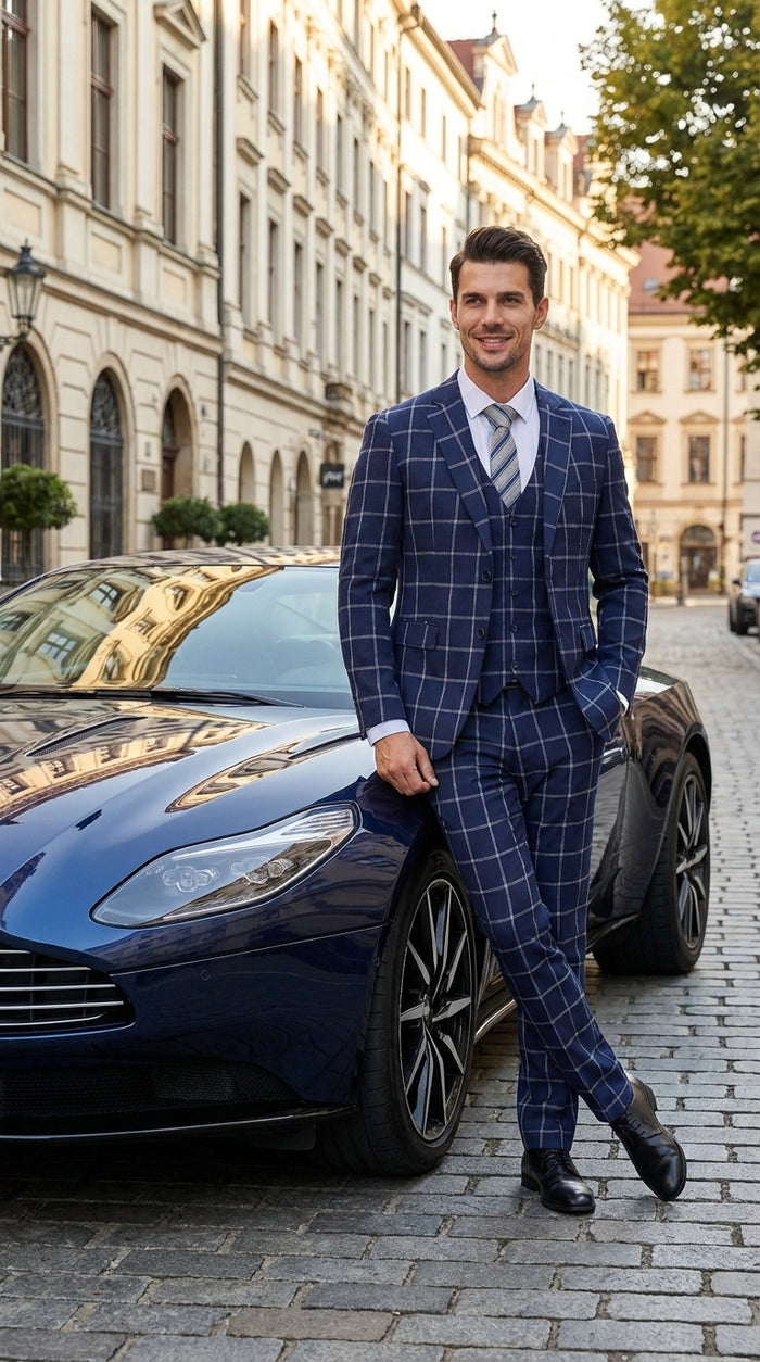 Men’s Navy Blue Windowpane Check Three Piece Suit – Modern Plaid Formal Vested Suit Modern Fit