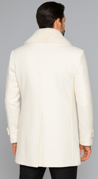 Men’s Off White Double-Breasted Peacoat Overcoat with Faux Fur Shawl Collar – Alberto Nardoni Wool Collection